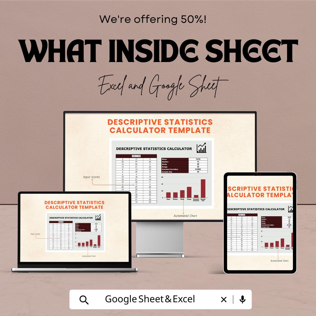 Descriptive Statistics Calculator Sheet for Excel & Google Sheets | Data Analysis Template | Statistical Calculator | Instant Download