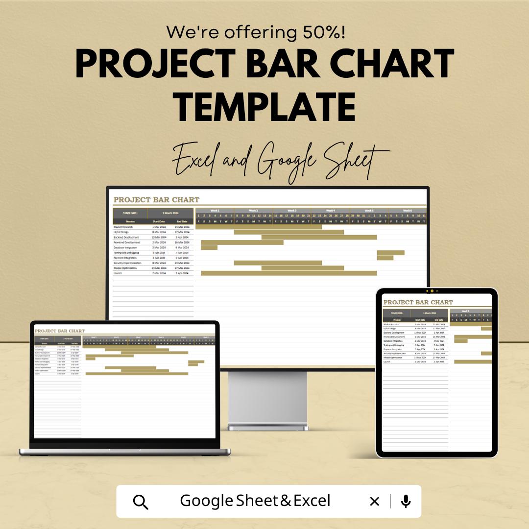 Project Bar Chart Template | Gantt Chart Spreadsheet | Project Timeline Tracker | Task Schedule Planner | Project Management Tool