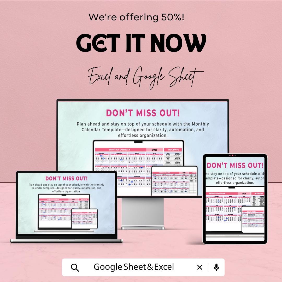 Monthly Calendar Sheet | Excel & Google Sheets | Yearly Planner Template | Customizable Calendar for Planning | 2023-2025 Schedule Organizer