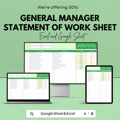 General Manager Statement of Work Template for Excel & Google Sheets – 50% Off – Professional Work Tracker for Managers