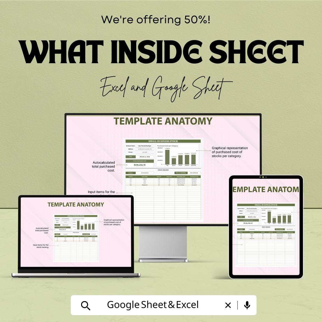 Small Business Stock Template | Inventory Tracker Excel and Google Sheets | Stock Management Spreadsheet | Sales & Inventory Tool