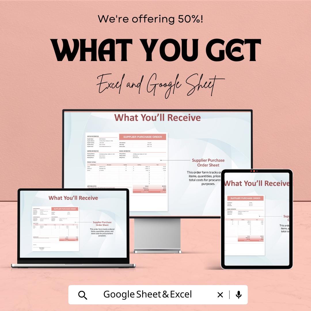 Supplier Purchase Order Sheet | Google Sheets & Excel Template | Procurement Form | Business Order Tracker | Editable PO Template