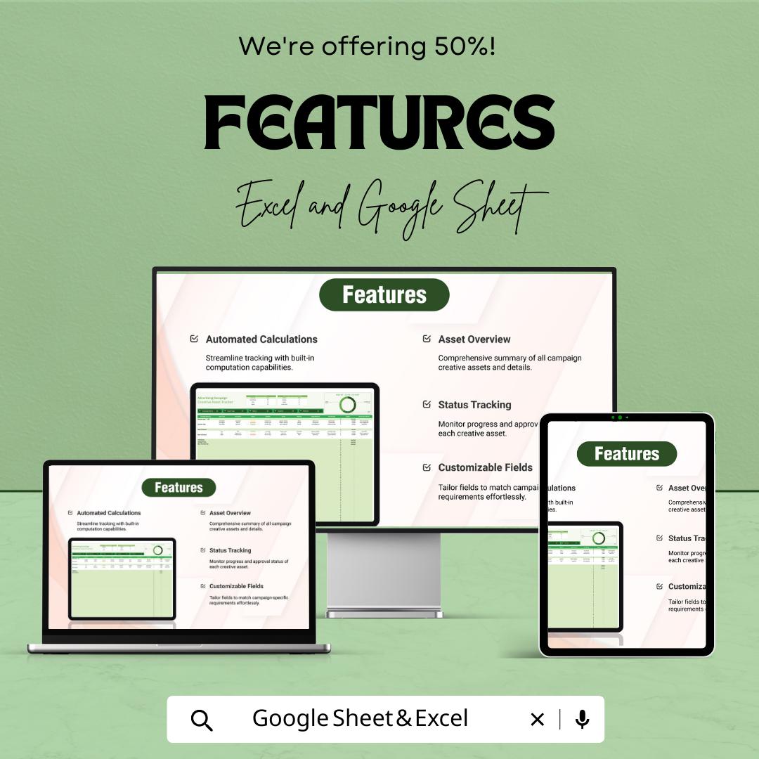 Advertising Campaign Tracker, Creative Asset Tracker Template, Marketing Content Planner, Campaign Management Spreadsheet
