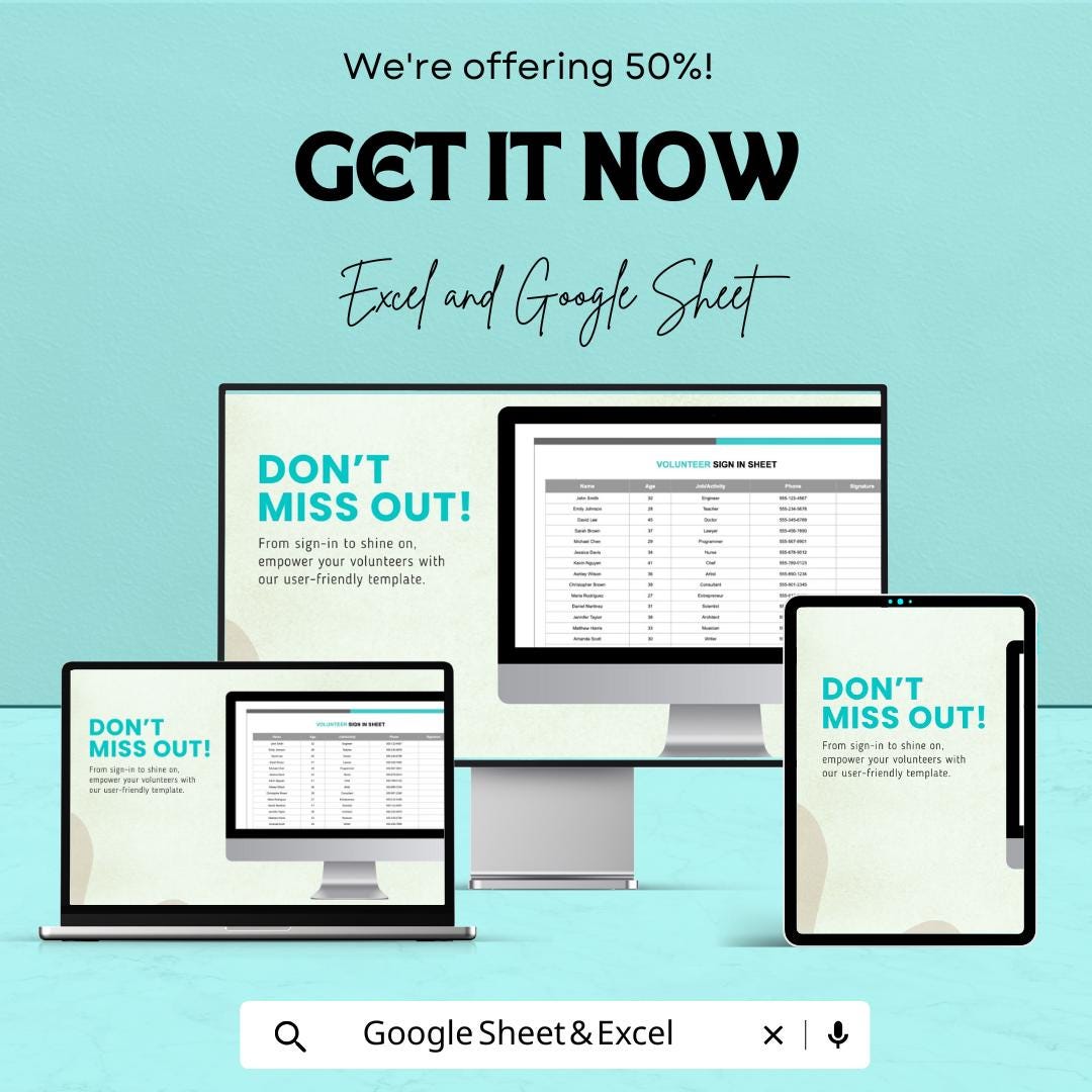 Volunteer Sign-In Sheet | Excel and Google Sheet Template | Track Volunteer Hours & Activities | 50% Off