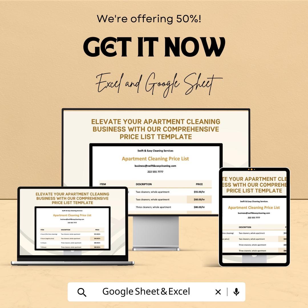 Apartment Cleaning Price List Sheet | Editable Google Sheets & Excel Template | Service Rate Chart, Cleaning Quote List for Businesses