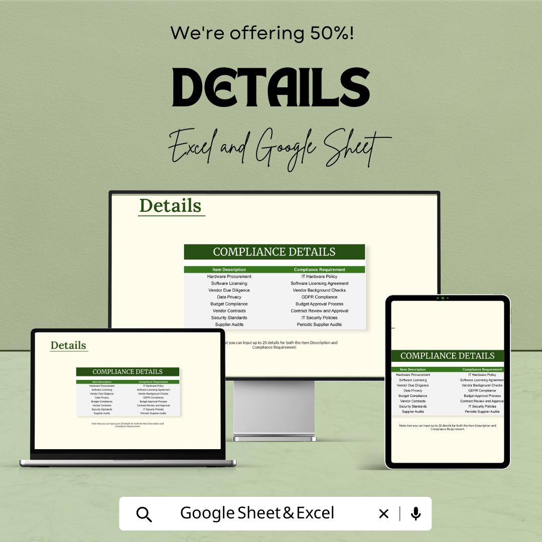 IT Procurement Compliance Checklist Template Excel | Vendor Compliance Tracker | Procurement Audit Checklist | IT Procurement Spreadsheet