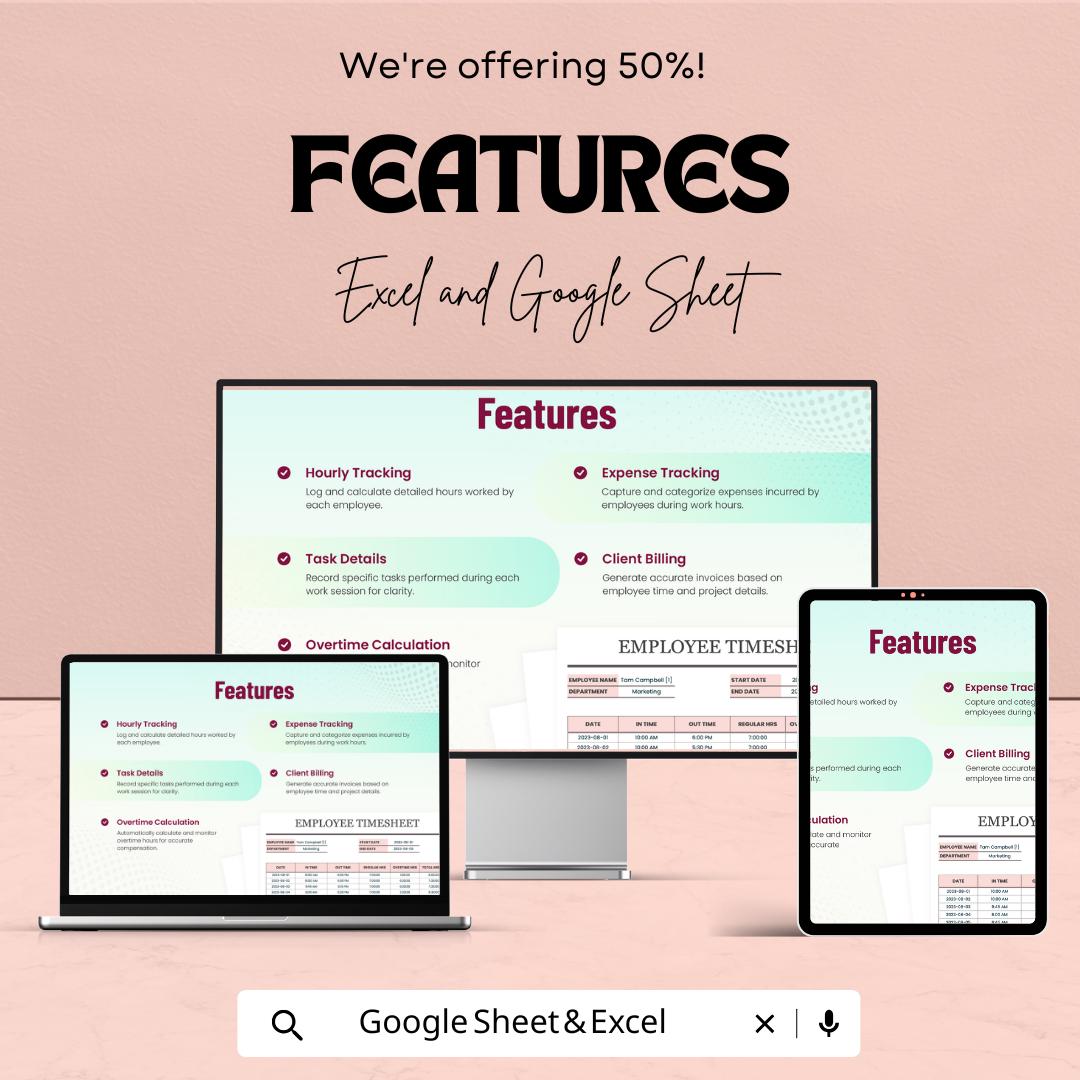 Employee Timesheet Template - Excel & Google Sheet, Time Tracking, Payroll Management, Overtime Calculation
