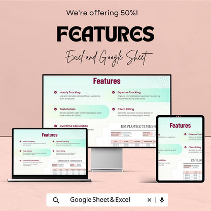 Employee Timesheet Template - Excel & Google Sheet, Time Tracking, Payroll Management, Overtime Calculation