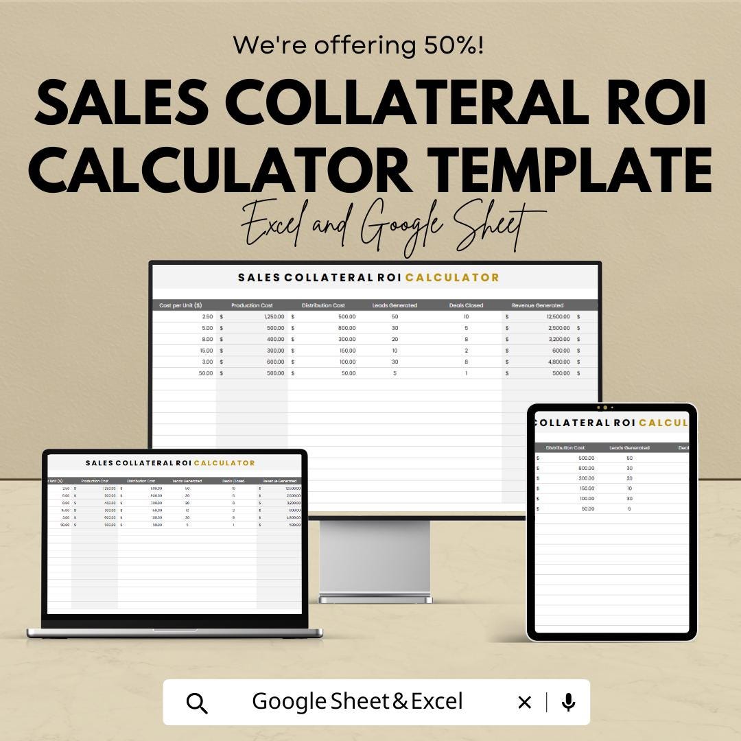 Sales Collateral ROI Calculator Template | Marketing ROI Spreadsheet | Sales Performance Tracker | Revenue Analysis Tool