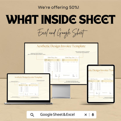 Aesthetic Design Invoice Template - Excel and Google Sheet, Professional Billing, Customizable, Track Expenses & Payments