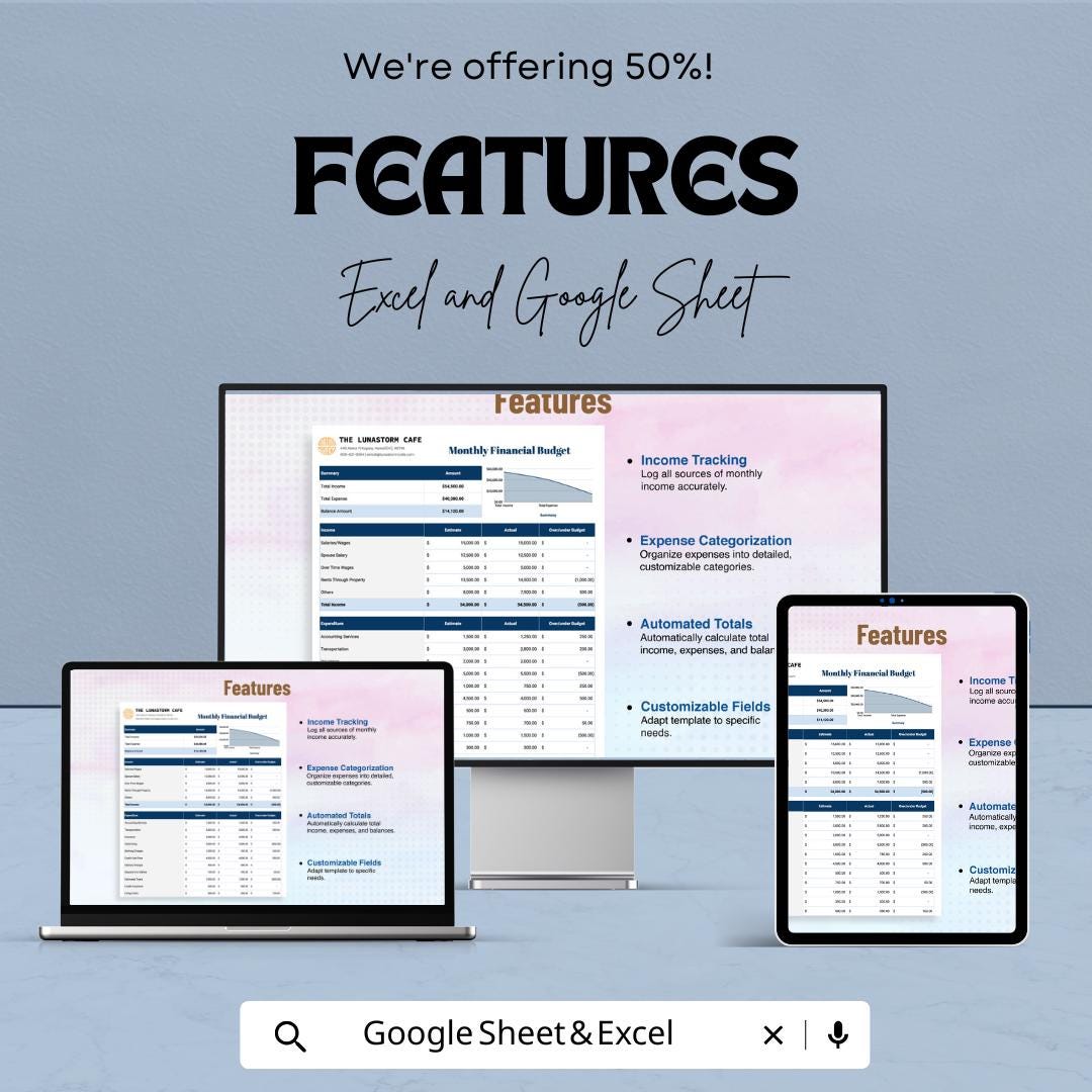 Monthly Financial Budget Template | Income & Expense Tracker | Monthly Money Planner | Budget Spreadsheet | Personal Finance Template