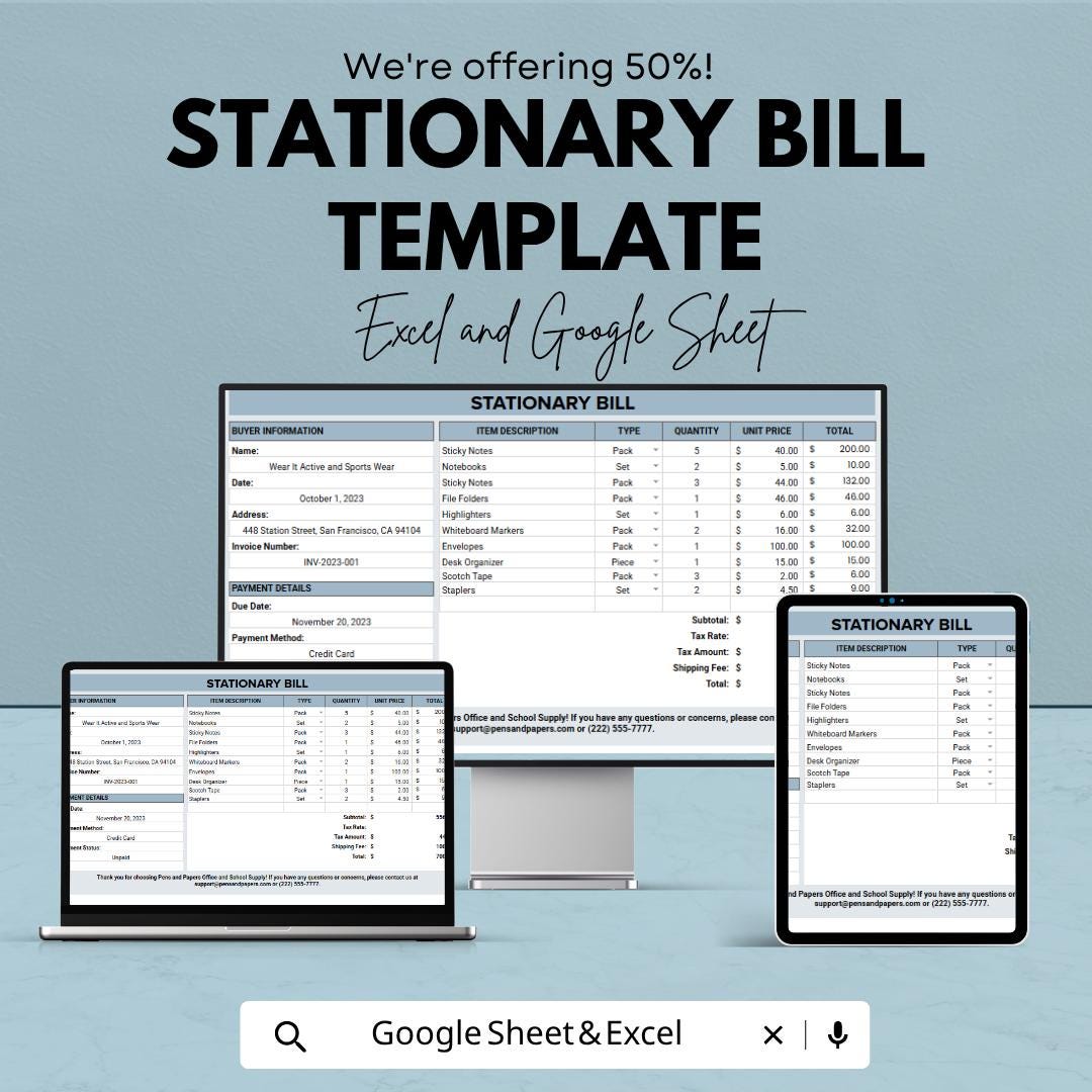 Stationary Bill Template | Office Supply Invoice Spreadsheet | Stationery Billing Tracker | Excel & Google Sheets Template |