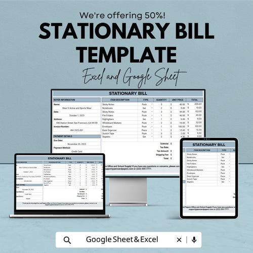 Stationary Bill Template | Office Supply Invoice Spreadsheet | Stationery Billing Tracker | Excel & Google Sheets Template |