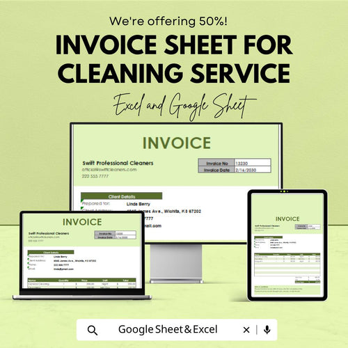 Invoice Sheet for Cleaning Service | Excel & Google Sheets Template | Easy Billing for Cleaners