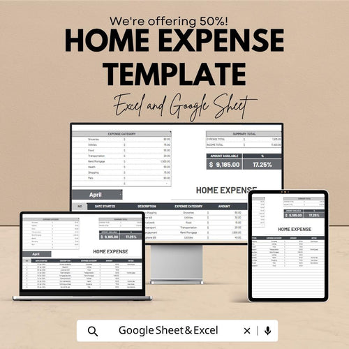 Home Expense Template | Monthly Budget Planner Excel & Google Sheets | Household Expense Tracker | Personal Finance Spreadsheet |