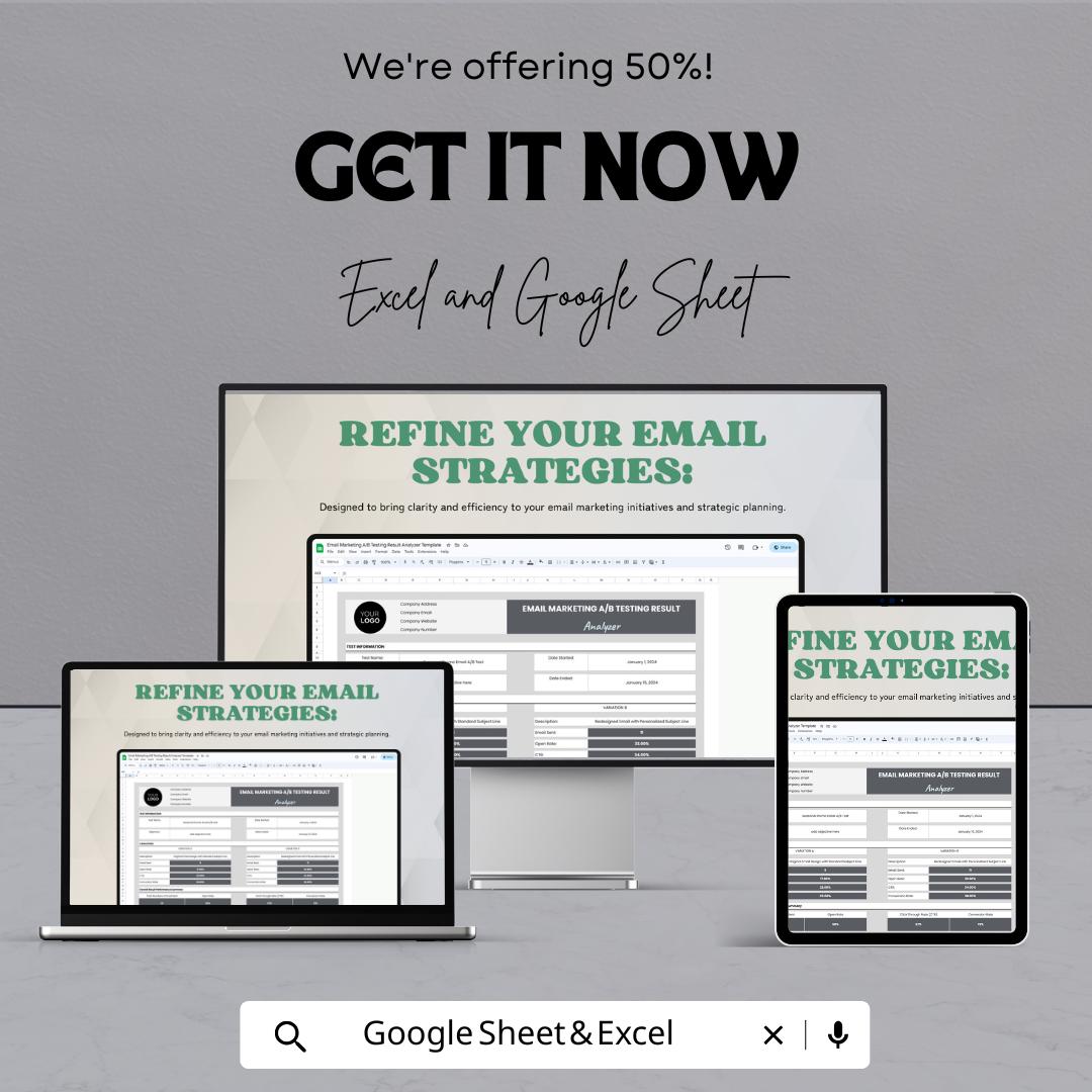 Email Marketing A/B Testing Result Analyzer Template,  Campaign Comparison, Email Performance Tracker, Split Test Spreadsheet