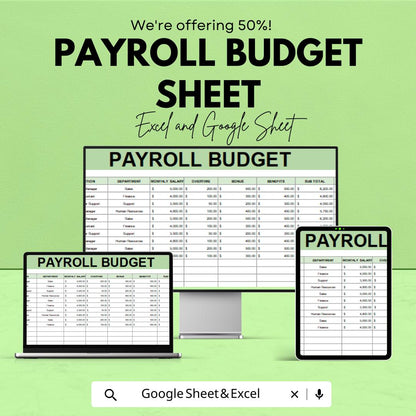 Payroll Budget Sheet – Excel & Google Sheets Template for Employee Salaries, Overtime, Bonuses, Benefits, and Subtotal Calculations