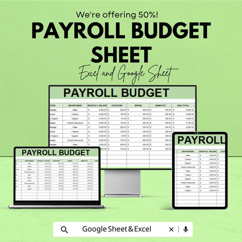 Payroll Budget Sheet – Excel & Google Sheets Template for Employee Salaries, Overtime, Bonuses, Benefits, and Subtotal Calculations