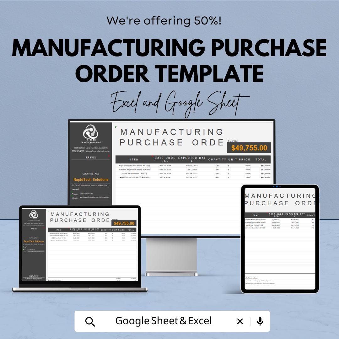 Manufacturing Purchase Order Template | Purchase Order Spreadsheet | PO Template for Suppliers | Order Tracking Sheet
