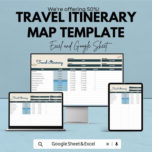 Travel Itinerary Map Template | Trip Planner Spreadsheet | Excel & Google Sheets Travel Timeline | Vacation Planning Organizer