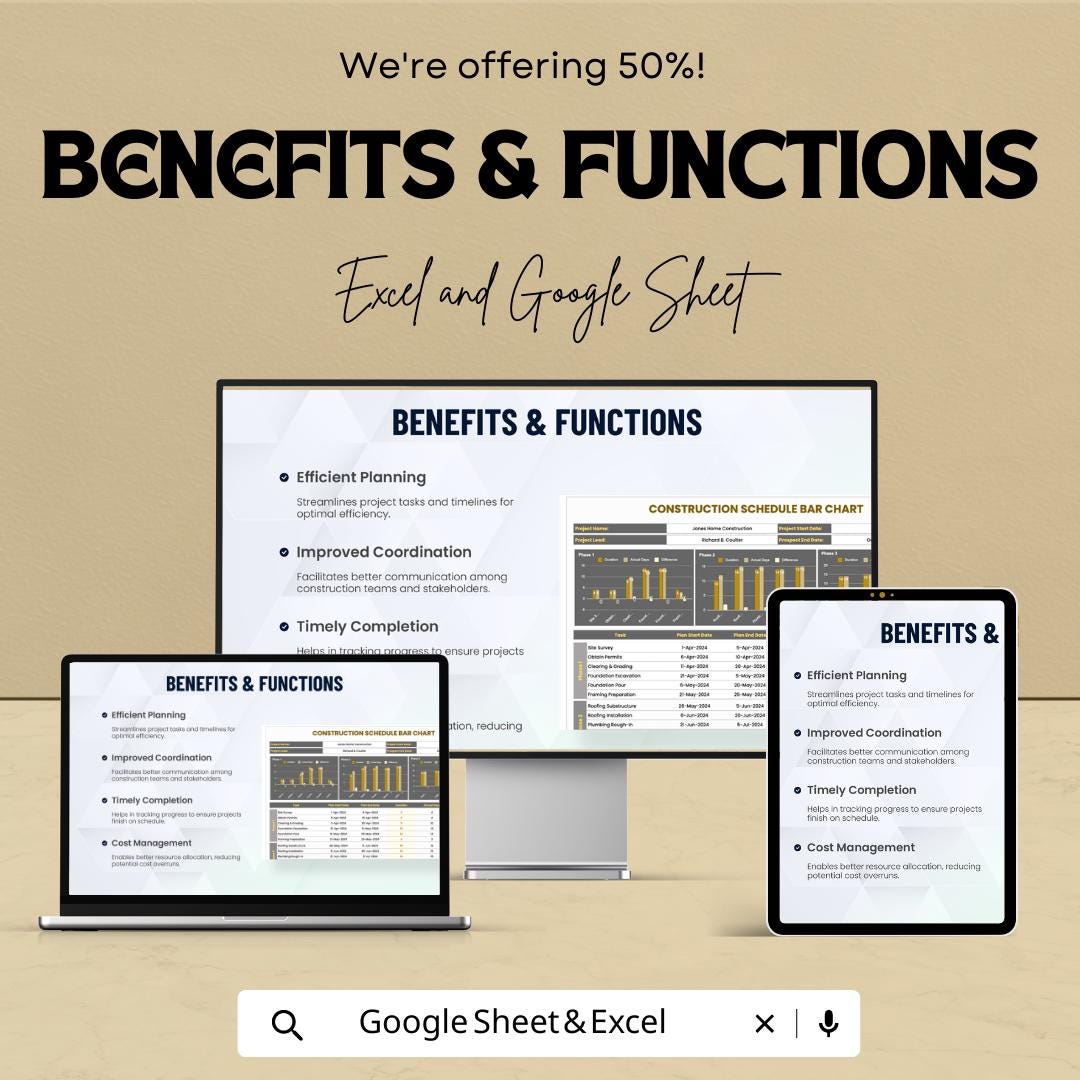 Construction Schedule Bar Chart Template | Project Timeline Planner | Gantt Style Tracker | Contractor Project Management Tool