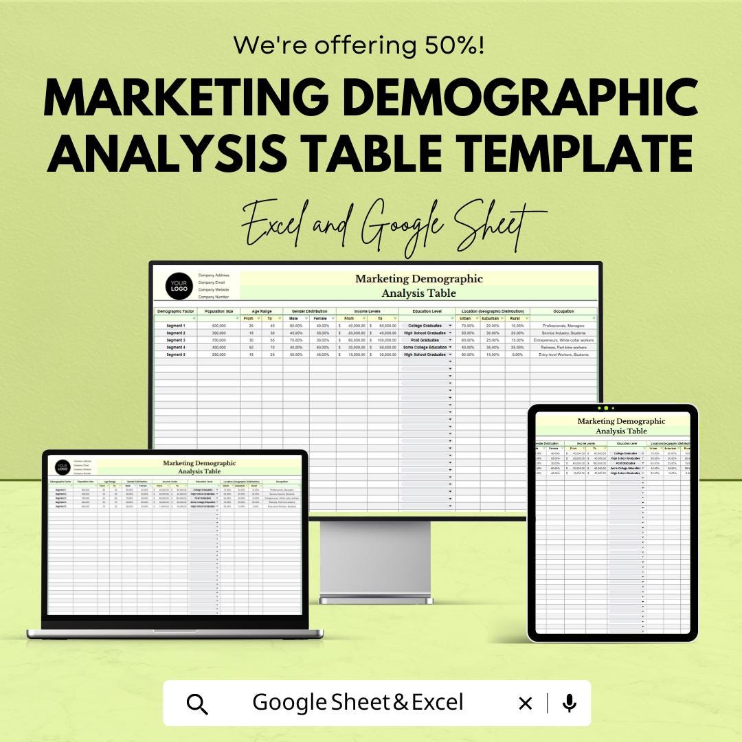 Marketing Demographic Analysis Table Template | Excel and Google Sheets | Customer Segmentation & Market Research Spreadsheet