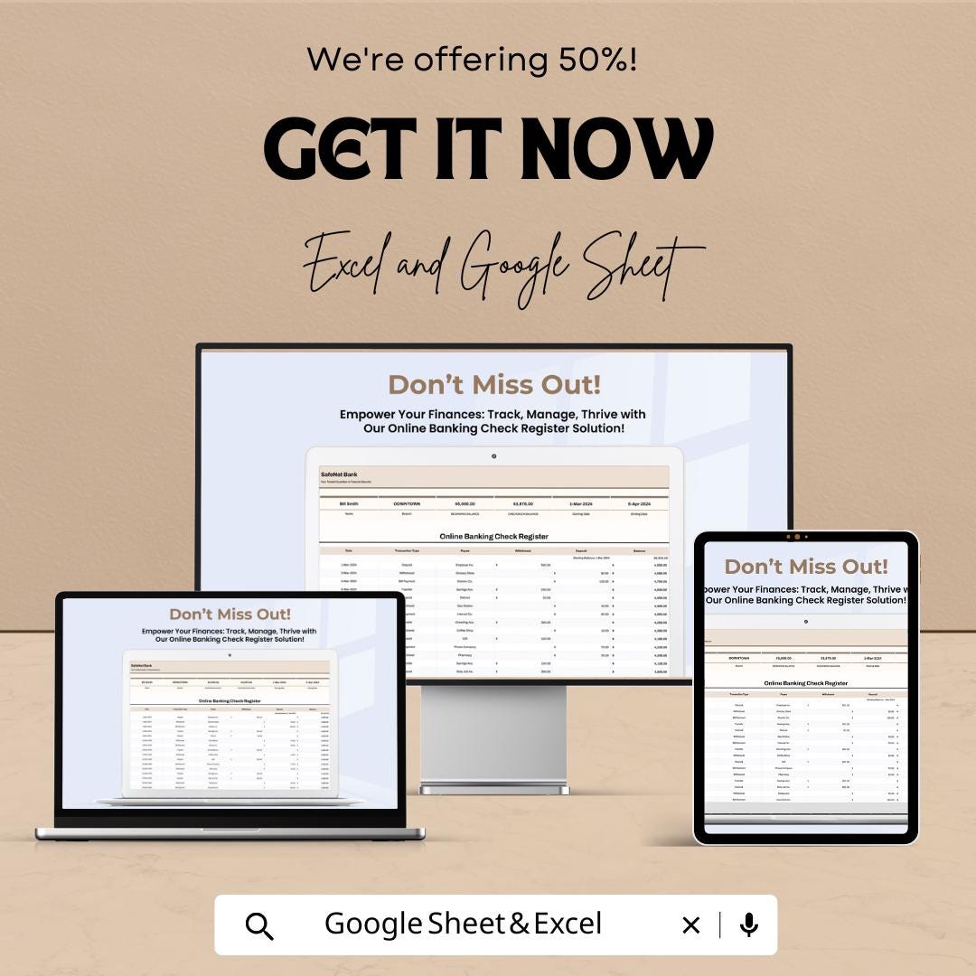 Online Banking Check Register Template | Digital Checkbook Register | Transaction Tracker | Expense Log
