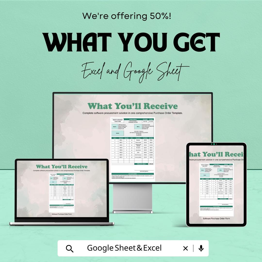 Software Purchase Order Form Sheet for Excel & Google Sheets | Efficient Order Management Template | Track Software Purchases with Ease