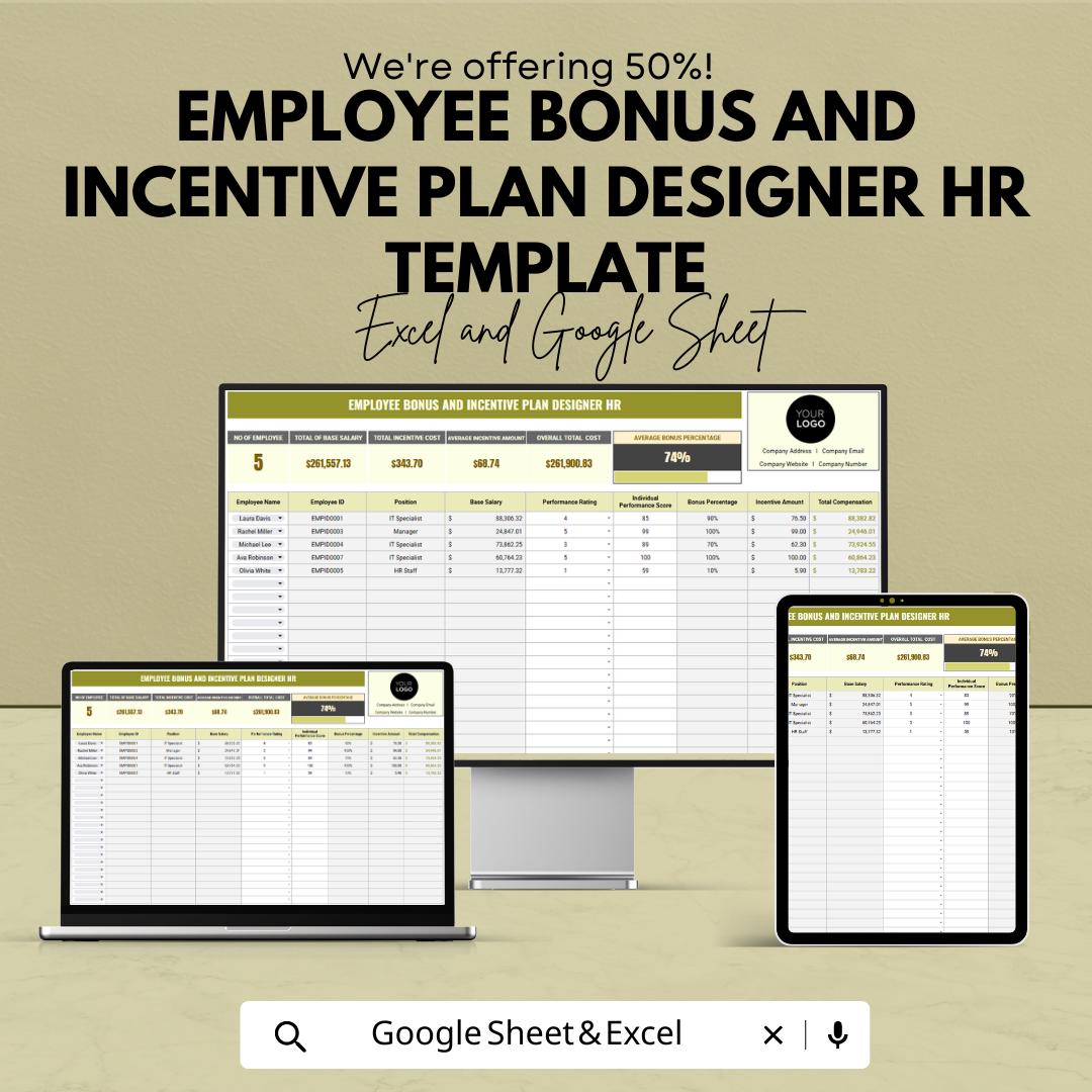 Employee Bonus Incentive Plan Template Excel Google Sheets, HR Bonus Calculator, Employee Performance Bonus Tracker, HR Management Tool