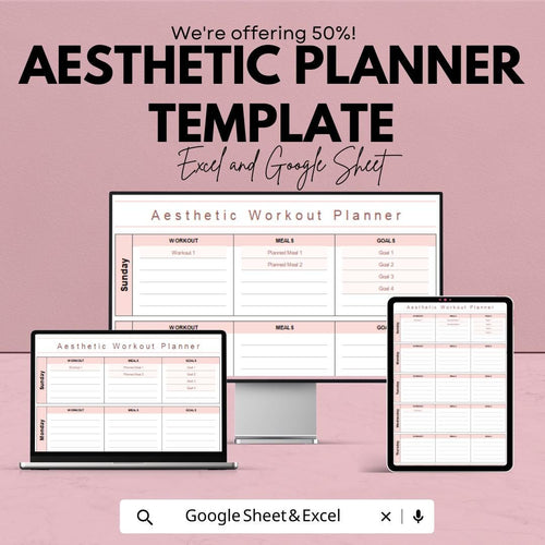 Aesthetic Planner Template | Google Sheets & Excel | Workout and Meal Planner | Weekly Routine Planner | Minimalist Fitness Journal