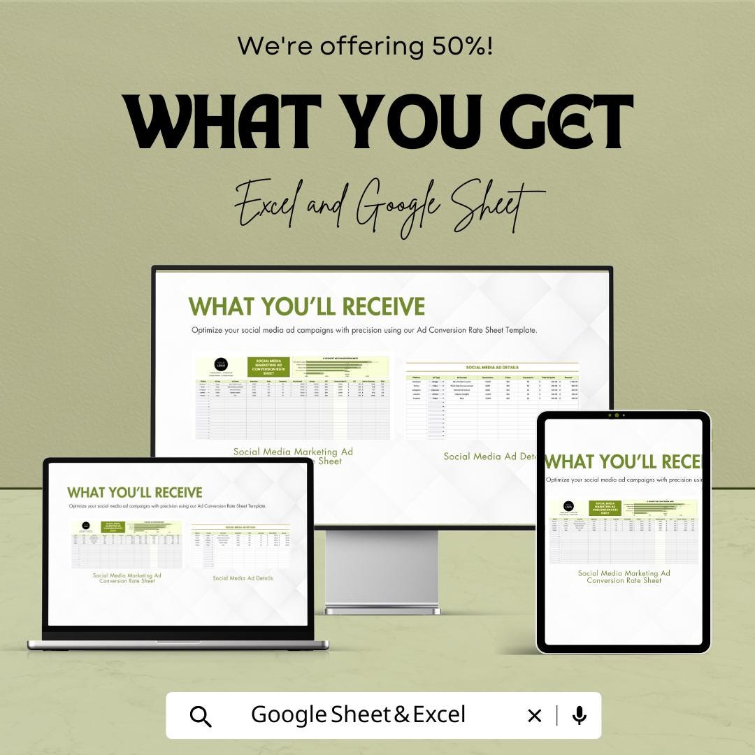 Social Media Marketing Ad Conversion Rate Sheet Template | Excel and Google Sheets | Ad Performance Tracker | Campaign ROI Dashboard |