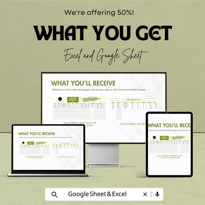 Social Media Marketing Ad Conversion Rate Sheet Template | Excel and Google Sheets | Ad Performance Tracker | Campaign ROI Dashboard |