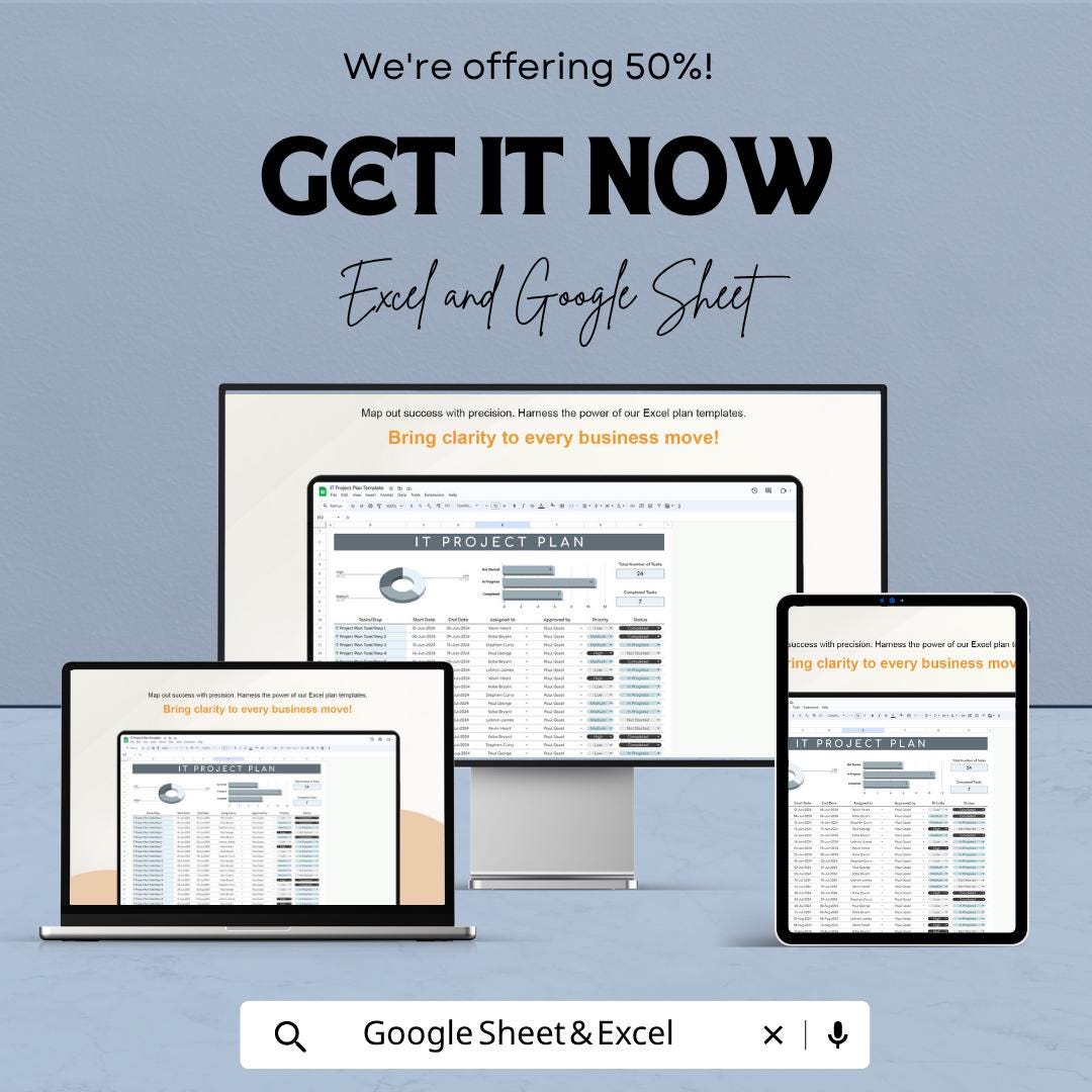 IT Project Plan Template | Project Management Planner | IT Project Tracker | Task Timeline Spreadsheet | Business Planning Tool