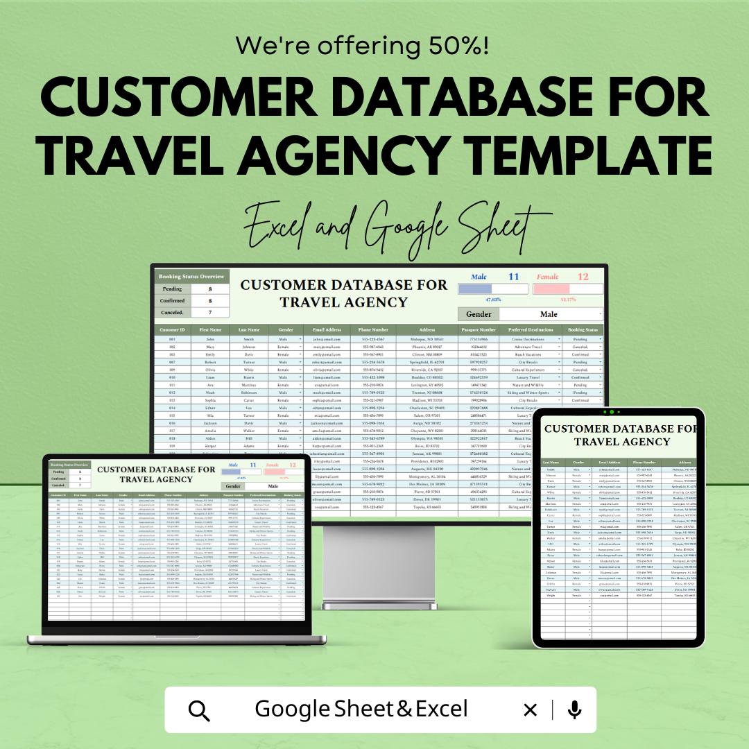 Customer Database for Travel Agency Template, Travel Client Tracker, Booking Management Sheet, CRM Spreadsheet, Excel Google Sheets