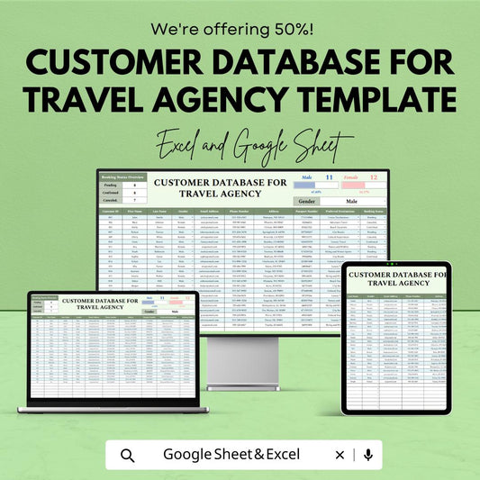 Customer Database for Travel Agency Template, Travel Client Tracker, Booking Management Sheet, CRM Spreadsheet, Excel Google Sheets
