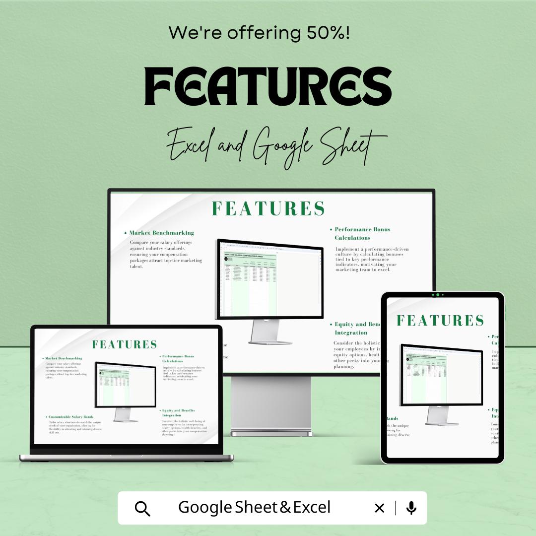 Marketing Salary & Compensation Planner - Excel and Google Sheet Template for HR, Salary Structures, Employee Compensation, and Bonuses