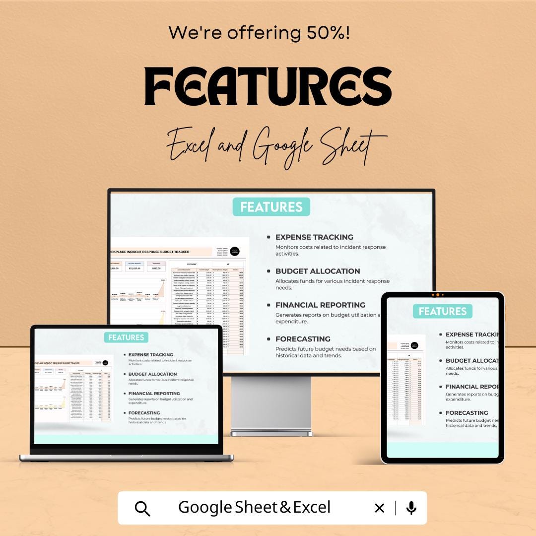 Workplace Incident Response Budget Tracker | Excel and Google Sheets | Incident Expense Log | Company Budget Planner Template