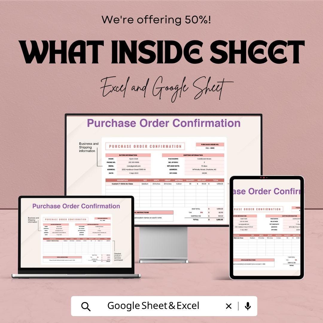 Purchase Order Confirmation Template | Order Confirmation Form | Invoice Tracker | Procurement Template | Excel & Google Sheets |