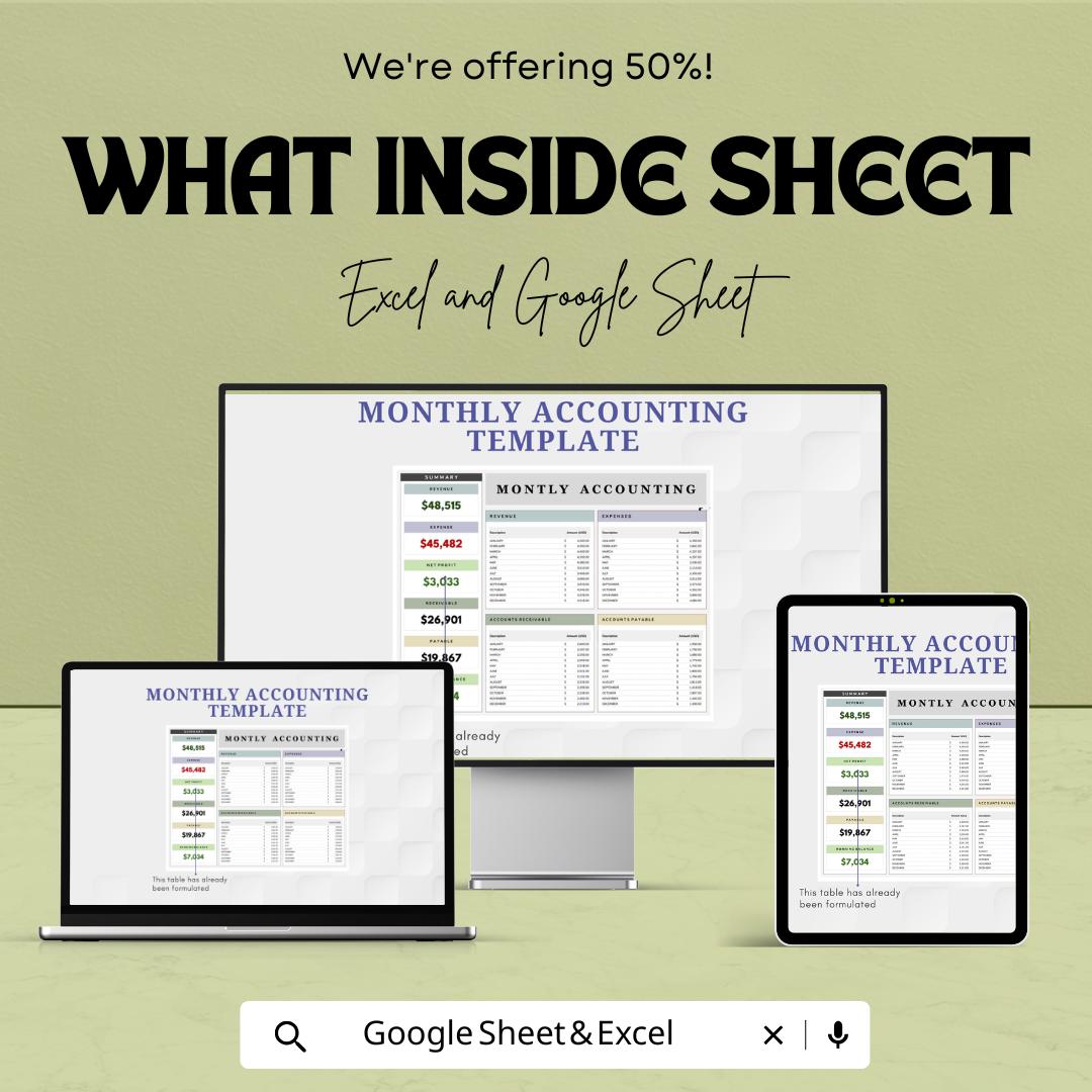 Monthly Accounting Template | Income & Expense Tracker | Monthly Finance Tracker | Accounting Sheet