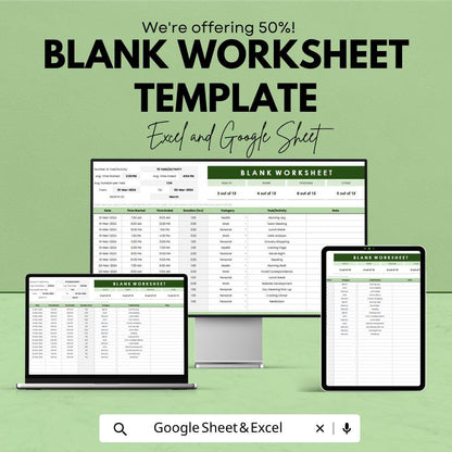 Blank Worksheet Template | Activity Tracker Spreadsheet | Task & Time Tracking Sheet |Google Sheets | Editable Productivity Planner
