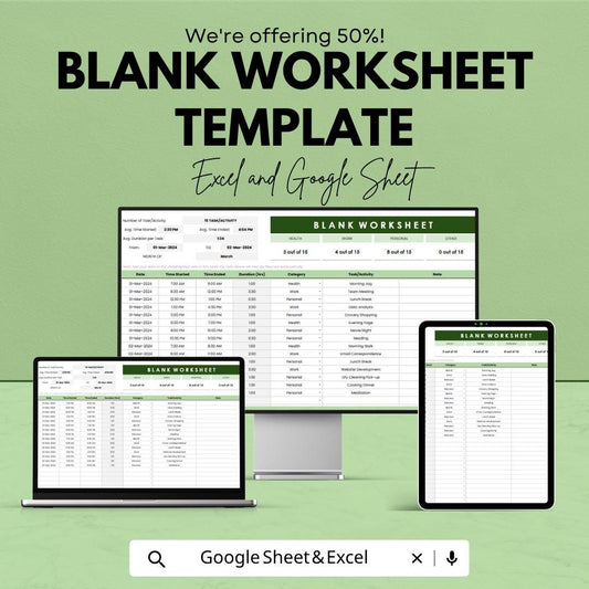 Blank Worksheet Template | Activity Tracker Spreadsheet | Task & Time Tracking Sheet |Google Sheets | Editable Productivity Planner
