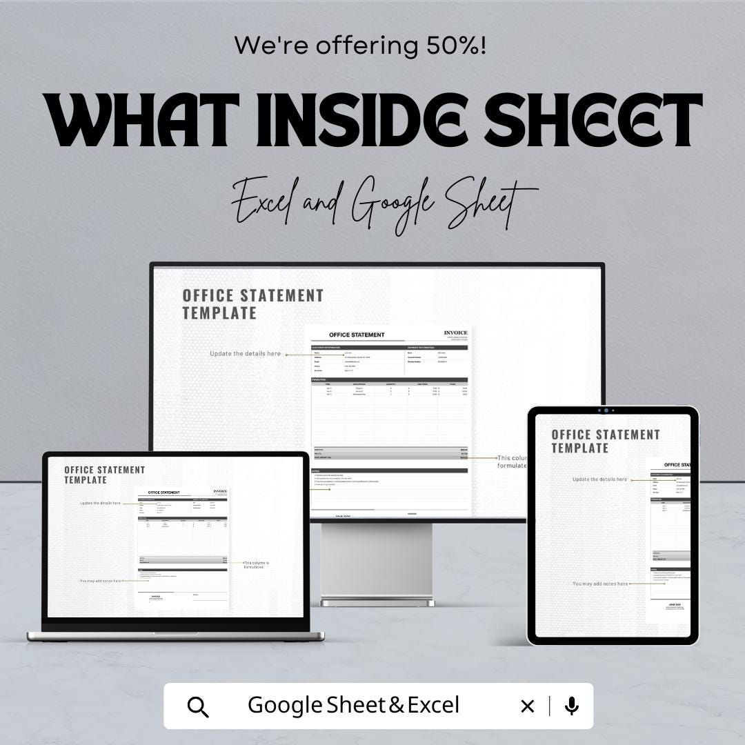 Office Statement Sheet Template | Excel and Google Sheets | Business Invoice & Billing Form | Finance Tracker | Digital Download