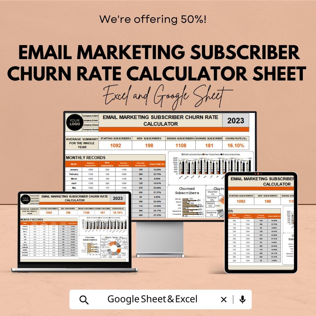 Email Marketing Subscriber Churn Rate Calculator | Google Sheet and Excel Template | Track Monthly Churn Rate & New Subscribers