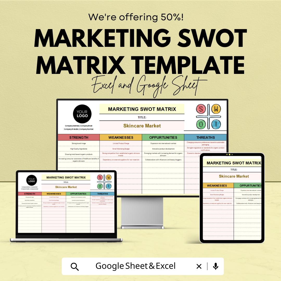 Marketing SWOT Matrix Template | SWOT Analysis Tool | Marketing Strategy Planner | Strengths Weaknesses Opportunities Threats Template