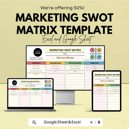 Marketing SWOT Matrix Template | SWOT Analysis Tool | Marketing Strategy Planner | Strengths Weaknesses Opportunities Threats Template