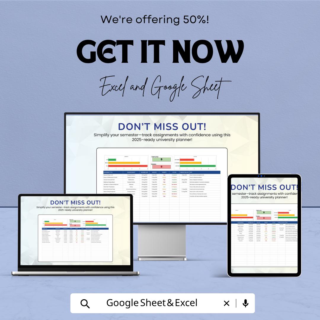 University Assignment Template | Student Planner Spreadsheet | Assignment Tracker | Study Planner | Coursework Organizer