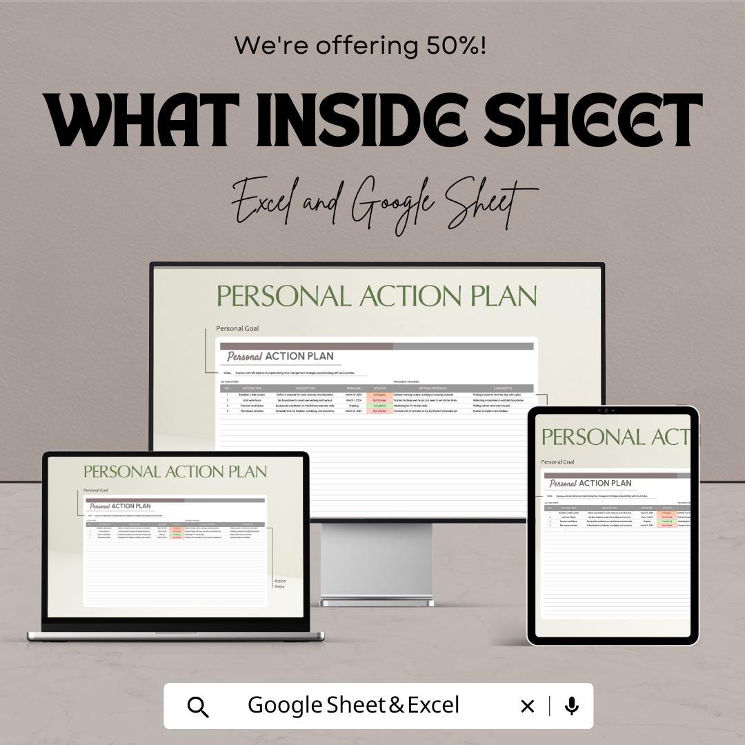 Personal Action Plan Sheet | Goal Setting Template | Excel and Google Sheets Format | Track Goals & Achievements