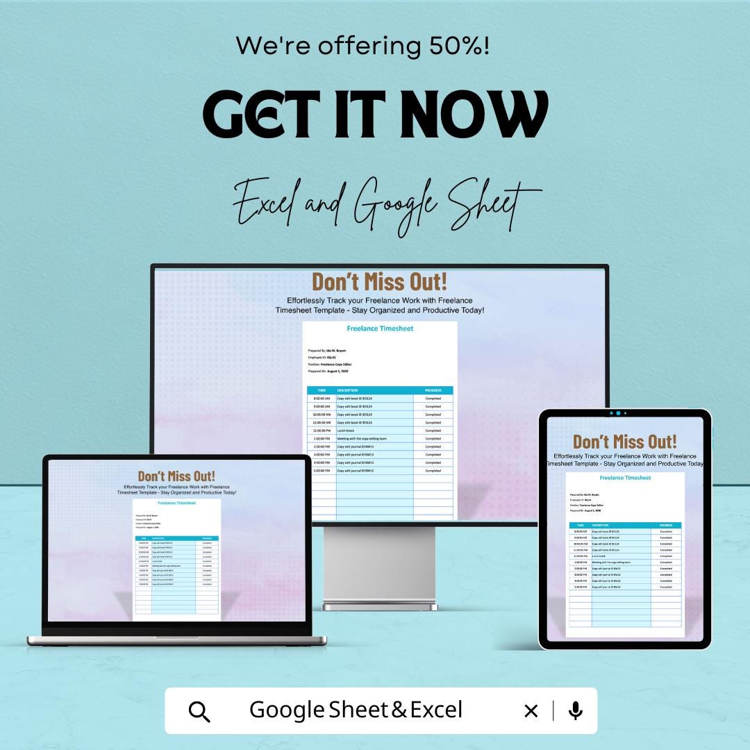 Freelance Timesheet Template | Excel and Google Sheets | Time Tracking Spreadsheet | Work Log | Project Hour Tracker | Editable Sheet