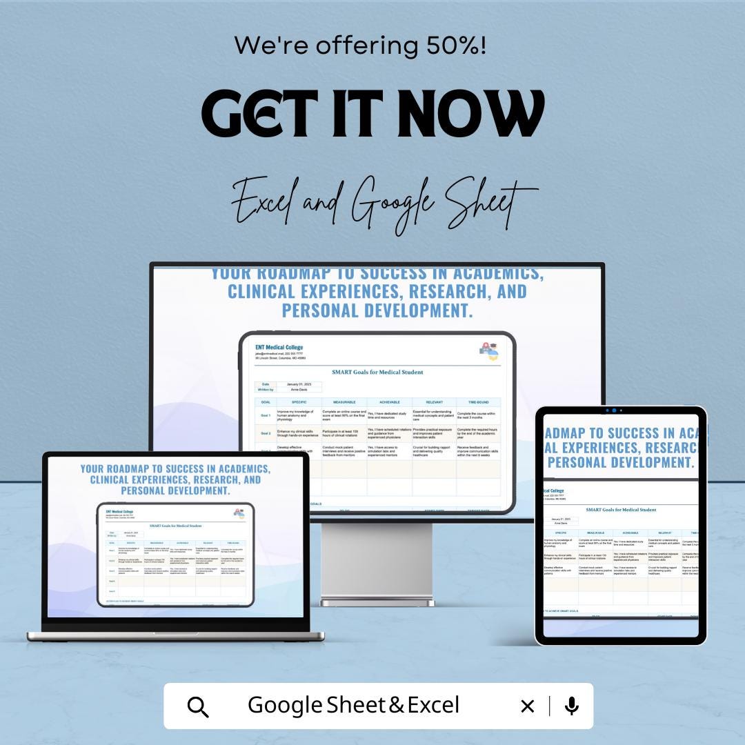Smart Goals Template for Medical Students | Student Progress Tracker | Medical School Success Template | Editable Goal Setting Sheet