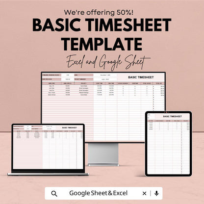 Basic Timesheet Template | Excel and Google Sheets | Employee Work Hours Tracker | Project Task Time Log | Payroll Timesheet Sheet